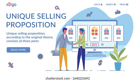 Unique Selling Proposition Landing Page Template. USP Marketing Strategy Website Homepage Flat Vector Layout. Seller and Buyer Cartoon Characters. Brand Switching Deal Web Banner, Webpage