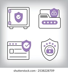 Unique set of 4 safe, data protection and web page security icons. Set of data security and personal access technologies.