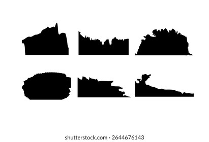A unique set of bold black mountain and cliff silhouettes featuring diverse rugged peaks, jagged edges, rocky formations, and organic land shapes
