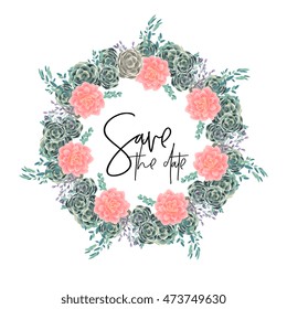 Unique set of bouquet and wreath of flower succulent, chrysanthemum, cactus, eucalyptus  with leave and basil. Suitable for ceremonial wedding invitation, greeting card, save the date card.