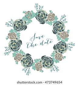 Unique set of bouquet and wreath of flower succulent, chrysanthemum, cactus, eucalyptus  with leave and basil. Suitable for ceremonial wedding invitation, greeting card, save the date card.
