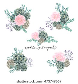 Unique set of bouquet and wreath of flower succulent, chrysanthemum, cactus, eucalyptus  with leave and basil. Suitable for ceremonial wedding invitation, greeting card, save the date card.