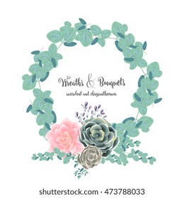 Unique set of bouquet and wreath of flower succulent, chrysanthemum, cactus, eucalyptus  with leave and basil. Suitable for ceremonial wedding invitation, greeting card, save the date card.