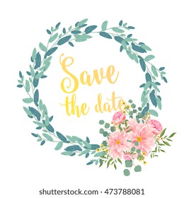 Unique set of bouquet and wreath of flower succulent, chrysanthemum, cactus, eucalyptus  with leave and basil. Suitable for ceremonial wedding invitation, greeting card, save the date card.