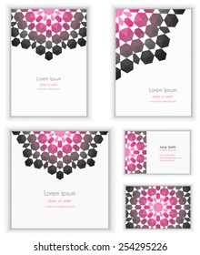 Unique Set of business and invitation cards in polygon ornament style. Web template, wedding, stationary decoration.