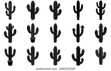 A unique set of cactus plants featuring various shapes and styles. Perfect for desert themes, botanical designs, nature illustrations, and decor projects.