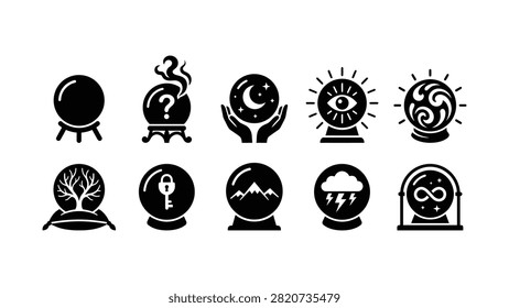 Unique set of crystal ball silhouettes featuring interactive elements like hands smoke and support stands. High quality vector icons showing mountains lightning infinity and trees within magical spheres for gaming interface and occult design projects.
