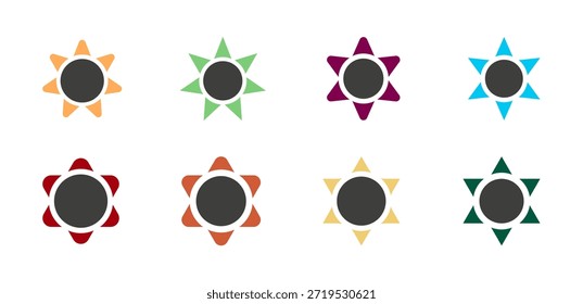 Un conjunto único de ocho iconos decorativos de sol o estrella con centros circulares de color gris oscuro y rayos de colores vibrantes. Perfecto para la marca artística, ilustraciones creativas, gráficos festivos de redes sociales y elegantes patrones geométricos.
