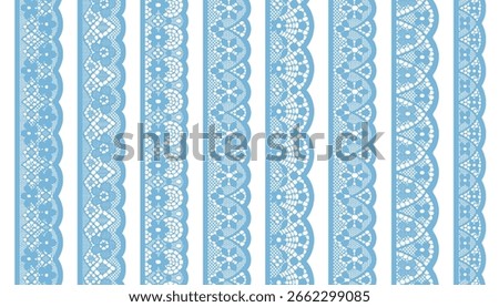 A unique set of eight light blue lace trims featuring geometric designs, with asymmetrical edging—straight on one side, fan-shaped on the other