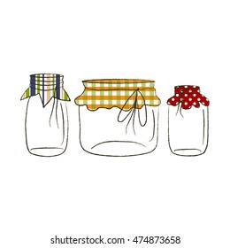Unique set of glass jar with packaging paper and rope. Hand drawn masons in doodle style. Jar paper in fresh colors, polka dot, stripes and checks. Vector illustration for t-shirt print or cards.