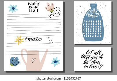 Unique set. Hand-drawn weekly List Templates with handwriting lettering quote and doodle flowers. Water tracker. Organizer and Schedule with Notes and To Do List. Vector. Isolated