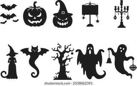 A unique set of minimalist Halloween-themed icons in silhouette vector style. Includes spooky designs such as ghosts, bats, pumpkins, a witch, haunted trees, and candelabra, all in black on a white ba