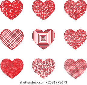 A unique set of nine hand-drawn scribble hearts in red. Perfect for Valentine's Day, love themes, greeting cards, wedding invitations, and romantic designs. Available in high-quality vector format.