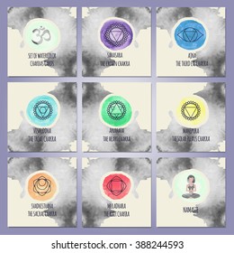 Unique set of nine watercolor chakras cards. Artistic, hand made watercolor splash and chakras symbol icons. Meditating watercolor girl. Yogic, spiritual, new age, bohemian and hipster style. 