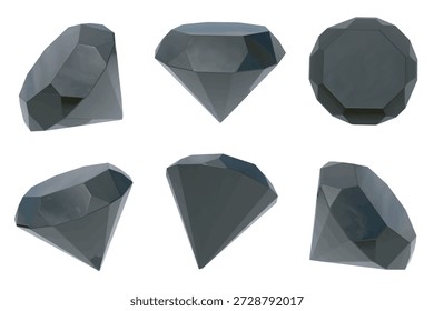 Einzigartiger Satz von funkelnden facettierten sauberen tiefschwarzen Diamanten. Realistischer 3D-Vektor einzeln. Rund geformtes Luxusjuwel in verschiedenen Winkeln. Brillante Edelstein-Sammlung geschnitten, Strasssteine Nahaufnahme.