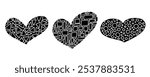 A unique set of three heart icons with geometric ornament. Simple abstract lines, hand-drawn doodle style. Valentine