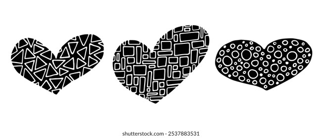 Un conjunto único de tres iconos de corazón con adorno geométrico. Líneas abstractas simples, estilo doodle dibujado a mano. Colección Clipart de amor de San Valentín.