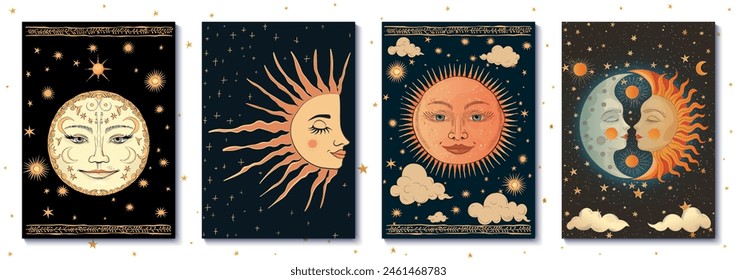 Einzigartige Vektorillustrationen mit stilisierten Sonnen- und Mond-Bildern mit mystischer Atmosphäre und folkloristisch inspirierten Motiven. Jede Illustration ist ideal für Plakate, Umschläge und Drucke im A4-Format.