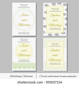 Unique set of wedding  invitation cards with hand drawn elements. Save the date. RSVP and thank you for bridal design. Vector postcard with dots and strings  decoration.