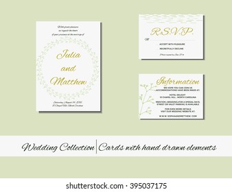 Unique set of wedding  invitation cards with hand drawn elements.  Save the date. RSVP and thank you  for bridal design. Vector postcard with dots and strings  decoration.