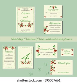 Unique set of wedding  invitation cards with watercolor elements. Save the date. RSVP and thank you for bridal design. Vector  postcard with floral decoration.