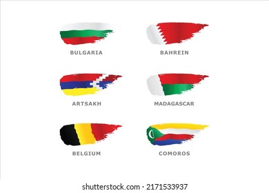 Unique set of World flags Bulgaria, Bahrain, Artsakh, Madagascar, Belgium and Comoros