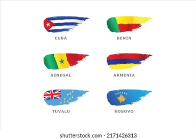 Unique set of World flags Cuba, Benin, Senegal, Armenia, Tuvalu, and Kosovo
