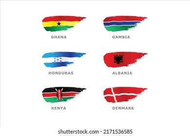 Unique set of World flags Ghana, Gambia, Honduras, Albania, Kenya and Denmark
