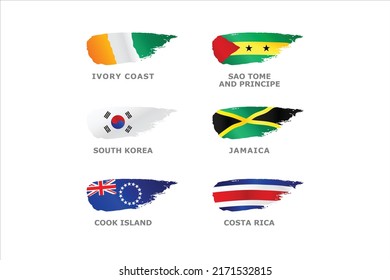 Unique set of World flags Ivory Coast, Sao Tome and Principe, South Korea, Jamaica, Cook Island and Costa Rica