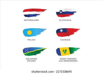 Unique set of World flags Netherland, Slovenia, Palau, Taiwan, Solomon Island, Saint Vincent Grenadines.