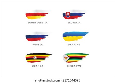 Unique set of World flags South Ossetia, Slovakia, Russia, Ukraine, Uganda and Zimbabwe