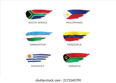 Unique set of World flags South Africa, Philippines, Uzbekistan, venezuela, Uruguay and Vanuatu