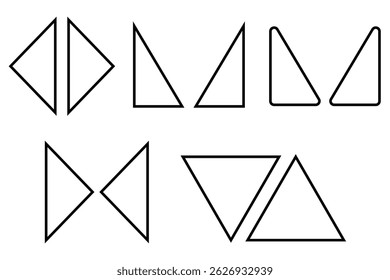 Conjunto de quadros em forma exclusiva com coleção de contornos abstratos de triângulo geométrico para ilustração vetorial linear mínima moderna em design isolado preto.