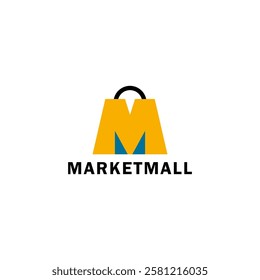 Unique shopping bag logo shaped like the letter M, in yellow and blue. Modern and stylish, perfect for e-commerce, retail brands, and shopping apps. Eye-catching design for fashion and online stores.