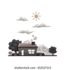 Unique and simple building illustration style for apps interface or games, house on the mountain slope