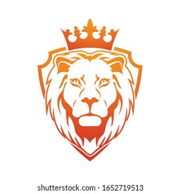 Unique and simple lion animal head logo with crown and shield as background