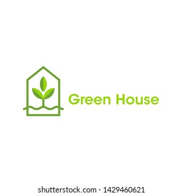 A unique, simple, and modern Green House logo. Combine a shape of house and a plant/leaf inside the house. 
