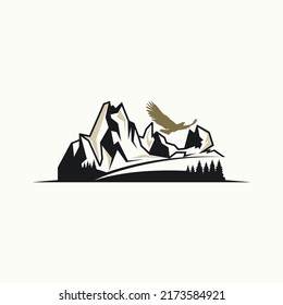 Unique but simple rock mountain with forest and bird image graphic icon logo design abstract concept vector stock. Can be used as symbol related to adventure or landscape