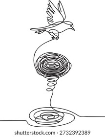 Dibujo único de un solo trazo que muestra un pájaro que se eleva desde un garabato enredado que simboliza la lucha por la Autorización