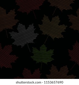 Unique sketch style of autumn maple leaves with multicolor red, yellow, green, and pink isolated on black background. Popular vector illustration for fall season.