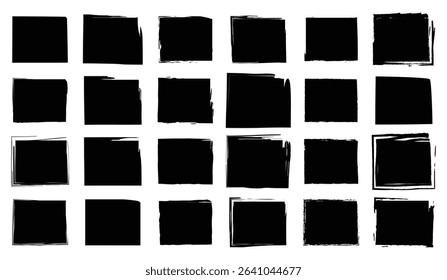 Unique sketch-style frame collection of twenty black square designs with variation in edge texture and ink line quality for a hand crafted effect.

