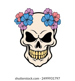 Einzigartiges Totenkopf-Design mit bunten Blumen geschmückt, Mischung makabre mit Schönheit. Perfekt für Projekte, die eine lebendige und florale Note benötigen