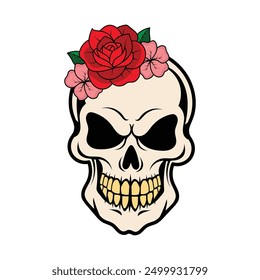 Einzigartiges Totenkopf-Design mit bunten Blumen geschmückt, Mischung makabre mit Schönheit. Perfekt für Projekte, die eine lebendige und florale Note benötigen