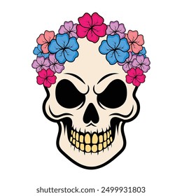 Einzigartiges Totenkopf-Design mit bunten Blumen geschmückt, Mischung makabre mit Schönheit. Perfekt für Projekte, die eine lebendige und florale Note benötigen