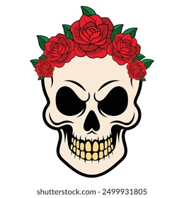 Einzigartiges Totenkopf-Design mit bunten Blumen geschmückt, Mischung makabre mit Schönheit. Perfekt für Projekte, die eine lebendige und florale Note benötigen