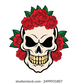 Einzigartiges Totenkopf-Design mit bunten Blumen geschmückt, Mischung makabre mit Schönheit. Perfekt für Projekte, die eine lebendige und florale Note benötigen