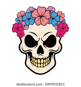 Einzigartiges Totenkopf-Design mit bunten Blumen geschmückt, Mischung makabre mit Schönheit. Perfekt für Projekte, die eine lebendige und florale Note benötigen