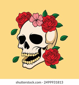 Einzigartiges Totenkopf-Design mit bunten Blumen geschmückt, Mischung makabre mit Schönheit. Perfekt für Projekte, die eine lebendige und florale Note benötigen