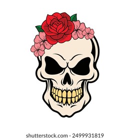 Einzigartiges Totenkopf-Design mit bunten Blumen geschmückt, Mischung makabre mit Schönheit. Perfekt für Projekte, die eine lebendige und florale Note benötigen