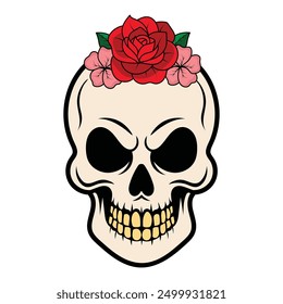 Einzigartiges Totenkopf-Design mit bunten Blumen geschmückt, Mischung makabre mit Schönheit. Perfekt für Projekte, die eine lebendige und florale Note benötigen